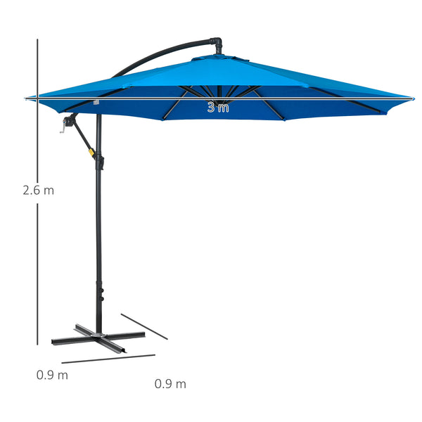 3(m) Garden Banana Parasol Cantilever Umbrella with Crank Handle, 8 Ribs and Cross Base for Outdoor, Hanging Sun Shade, Blue