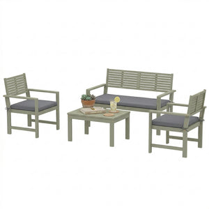 4 Seater Wooden Garden Furniture Set with Loveseat, 2 Armchairs, Wood-Top Table, Acacia Wood Garden Sofa Set with Cushions, Outdoor Furniture Conversation Sets, Light Grey