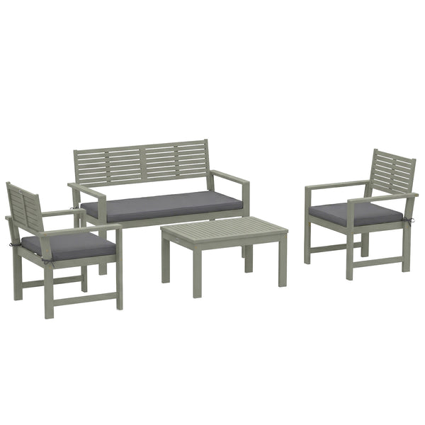 4 Seater Wooden Garden Furniture Set with Loveseat, 2 Armchairs, Wood-Top Table, Acacia Wood Garden Sofa Set with Cushions, Outdoor Furniture Conversation Sets, Light Grey