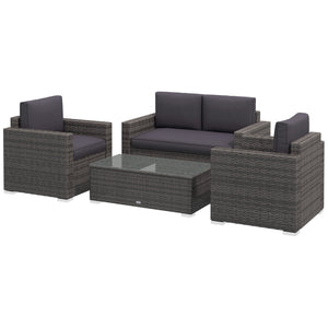 Outsunny 4 Piece Wicker Patio Furniture Set with Cushions, Outdoor Sectional Furniture with 2 Sofa, Loveseat, and Glass Top Coffee Table, Conversation Sofa Sets for Garden, Gray