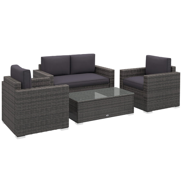 Outsunny 4 Piece Wicker Patio Furniture Set with Cushions, Outdoor Sectional Furniture with 2 Sofa, Loveseat, and Glass Top Coffee Table, Conversation Sofa Sets for Garden, Gray