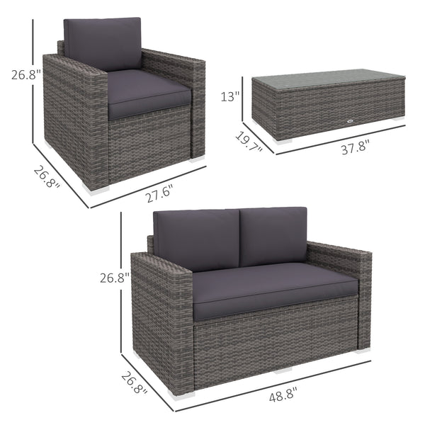 Outsunny 4 Piece Wicker Patio Furniture Set with Cushions, Outdoor Sectional Furniture with 2 Sofa, Loveseat, and Glass Top Coffee Table, Conversation Sofa Sets for Garden, Gray