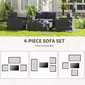 Outsunny 4 Piece Wicker Patio Furniture Set with Cushions, Outdoor Sectional Furniture with 2 Sofa, Loveseat, and Glass Top Coffee Table, Conversation Sofa Sets for Garden, Gray