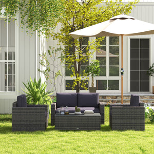 Outsunny 4 Piece Wicker Patio Furniture Set with Cushions, Outdoor Sectional Furniture with 2 Sofa, Loveseat, and Glass Top Coffee Table, Conversation Sofa Sets for Garden, Gray