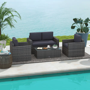 Outsunny 4 Piece Wicker Patio Furniture Set with Cushions, Outdoor Sectional Furniture with 2 Sofa, Loveseat, and Glass Top Coffee Table, Conversation Sofa Sets for Garden, Gray