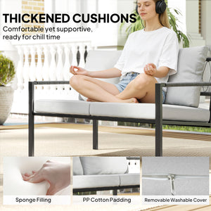 4 Seater Garden Furniture Set, 5 Piece Metal Garden Sofa Set with Thickened Cushions, Outdoor Patio Conversation Furniture with Loveseat, 2 Armchairs, 2 Coffee Tables for Balcony, Light Grey