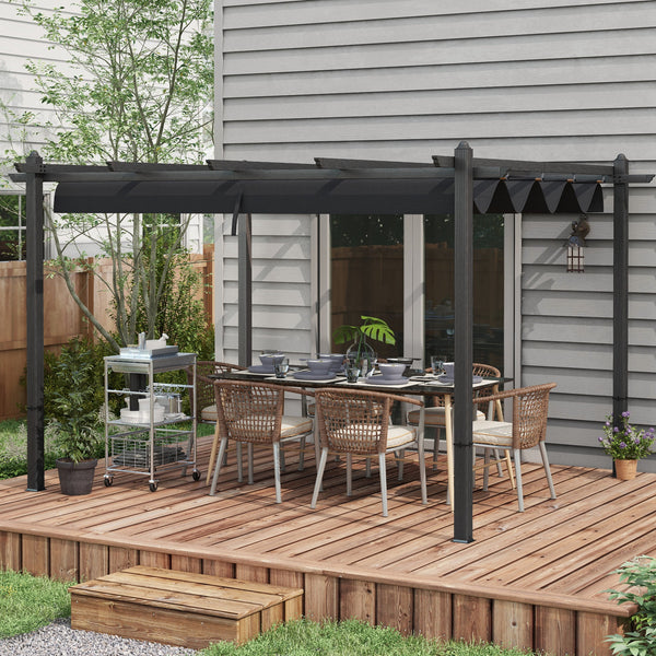 Outsunny 10' x 12' Retractable Pergola Canopy, Wood Grain Aluminum Pergola, Outdoor Sun Shade Shelter for Grill, Garden, Patio, Backyard, Deck, Gray