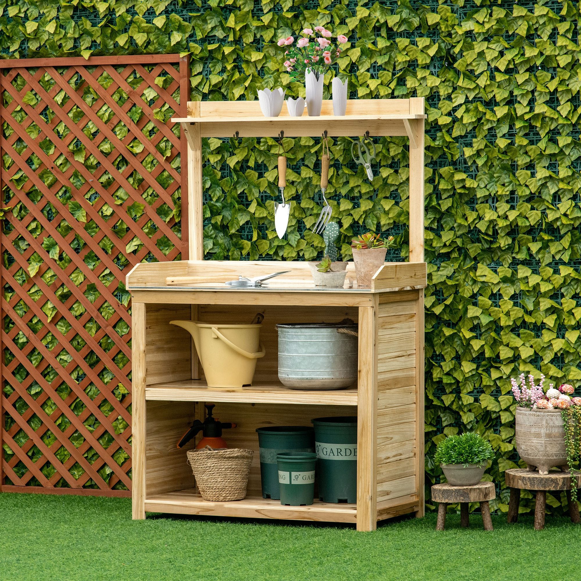 outdoor plant potting table Outsunny Potting Bench Table, Wooden Garden Workstation Bench with Galvanized Metal Tabletop, Storage Shelves and Hooks for Patios, Courtyards,