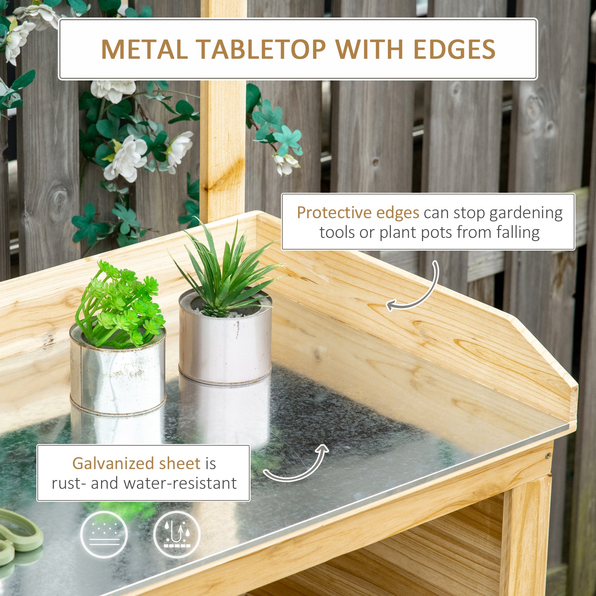 bench for plant pots Outsunny Potting Bench Table, Wooden Garden Workstation Bench with Galvanized Metal Tabletop, Storage Shelves and Hooks for Patios, Courtyards,