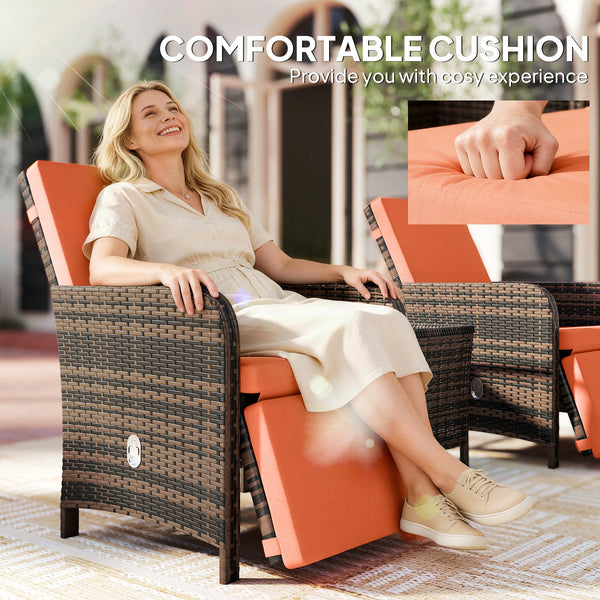 3 Pieces Rattan Bistro Set, Reclining Garden Chairs and 2-Tier Storage Glass-Top Table, PE Wicker Garden Furniture Conversation Set with Cushions for Outdoor, Patio, Balcony, Orange