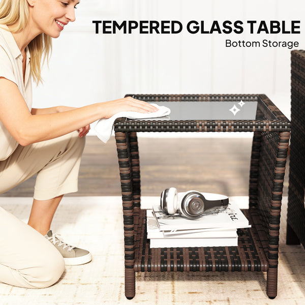 3 Pieces Rattan Bistro Set, Reclining Garden Chairs and 2-Tier Storage Glass-Top Table, PE Wicker Garden Furniture Conversation Set with Cushions for Outdoor, Patio, Balcony, Orange