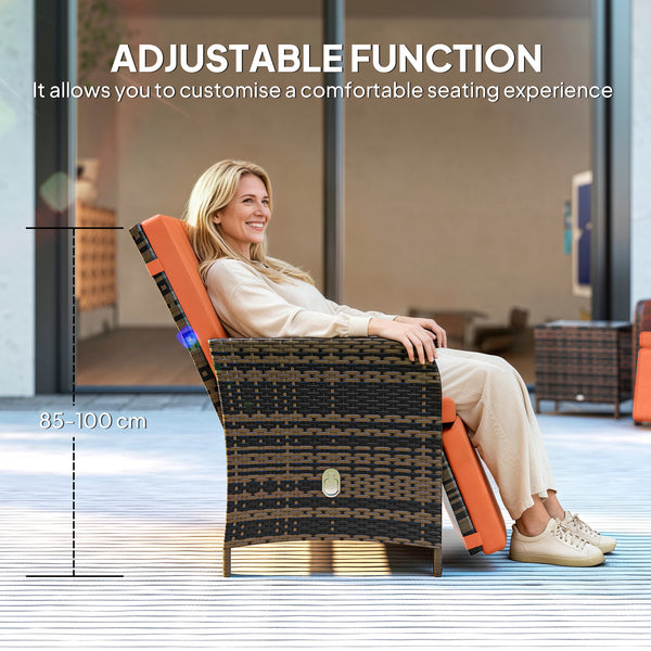 3 Pieces Rattan Bistro Set, Reclining Garden Chairs and 2-Tier Storage Glass-Top Table, PE Wicker Garden Furniture Conversation Set with Cushions for Outdoor, Patio, Balcony, Orange