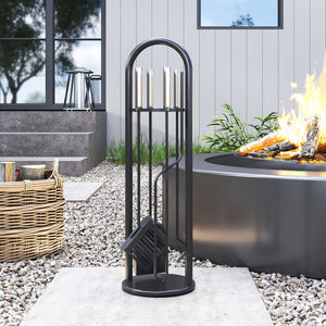 Fireplace Tools Set 5 Pieces Metal Fire Place Kit, Outdoor Indoor Fireside Accessories with Brush, Shovel, Poker, A Pair of Tongs, Stand, Silver