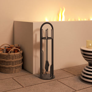 Fireplace Tools Set 5 Pieces Metal Fire Place Kit, Outdoor Indoor Fireside Accessories with Brush, Shovel, Poker, A Pair of Tongs, Stand, Silver
