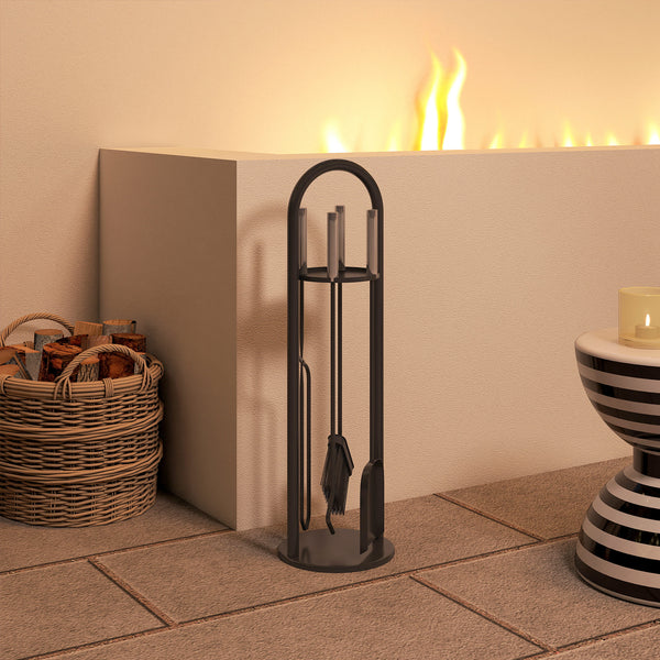 Fireplace Tools Set 5 Pieces Metal Fire Place Kit, Outdoor Indoor Fireside Accessories with Brush, Shovel, Poker, A Pair of Tongs, Stand, Silver