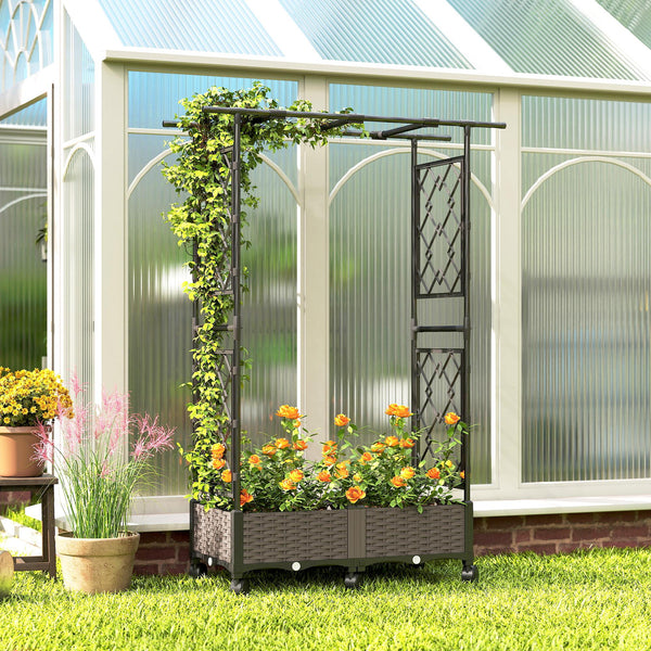 Raised Garden Bed with Arch Trellis, Raised Bed for Garden on Wheels with Side Trellis, Self Watering Outdoor Planter Box for Climbing Plants, Flowers, Herbs