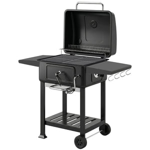 Charcoal BBQ Grill with Adjustable Charcoal Pan, Large Barbecue Grill Smoker with Warming Rack, Side Tables, Chimney, Vents, Wheels and Temperature Gauge, Portable for Outdoor Cooking, Black