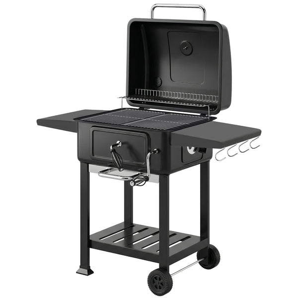 Charcoal BBQ Grill with Adjustable Charcoal Pan, Large Barbecue Grill Smoker with Warming Rack, Side Tables, Chimney, Vents, Wheels and Temperature Gauge, Portable for Outdoor Cooking, Black