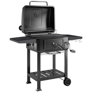 Charcoal BBQ Grill with Adjustable Charcoal Pan, Large Barbecue Grill Smoker with Warming Rack, Side Tables, Chimney, Vents, Wheels and Temperature Gauge, Portable for Outdoor Cooking, Black