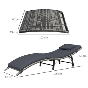 Folding Rattan Sun Lounger, Wicker Garden Lounger with Cushion and Pillow, Outdoor Sunbed with Steel Frame for Patio, Beach, Terrace, Grey
