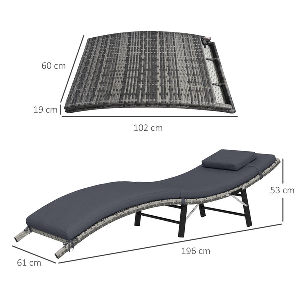 Folding Rattan Sun Lounger, Wicker Garden Lounger with Cushion and Pillow, Outdoor Sunbed with Steel Frame for Patio, Beach, Terrace, Grey