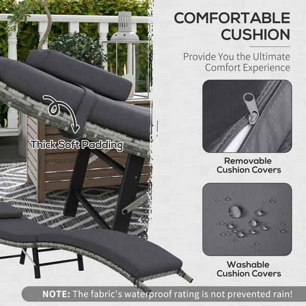 Folding Rattan Sun Lounger, Wicker Garden Lounger with Cushion and Pillow, Outdoor Sunbed with Steel Frame for Patio, Beach, Terrace, Grey