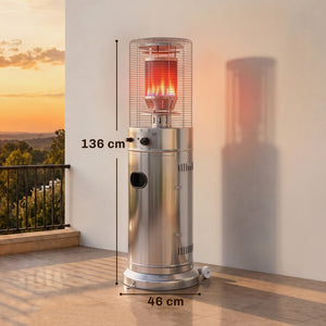Gas Patio Heater, 13 kW Stainless Steel Portable Propane Outdoor Heater with Stepless Heat Control, Pulse Ignition, Protective Mesh, Tip-over Protection, 2 Wheels for Garden, Silver