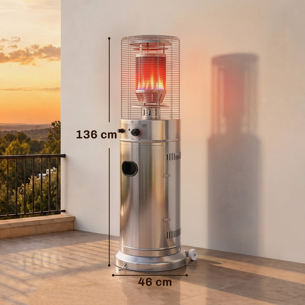 Gas Patio Heater, 13 kW Stainless Steel Portable Propane Outdoor Heater with Stepless Heat Control, Pulse Ignition, Protective Mesh, Tip-over Protection, 2 Wheels for Garden, Silver