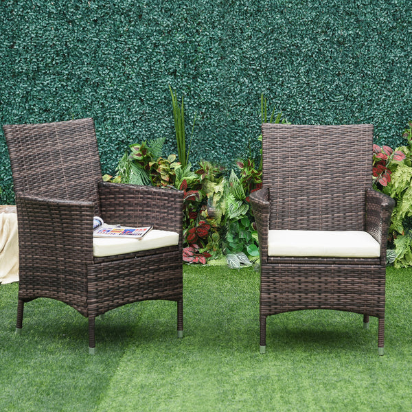 2 Pieces Outdoor PE Rattan Dining Chairs Set with Cushion, Garden Armchair with Armrests, High Backrest, Metal Frame Patio Wicker Furniture, Mixed Brown
