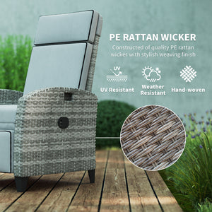 Outsunny Outdoor Recliner Chair with Cushions, PE Wicker Reclining Patio Lounge Chair with Adjustable Footrest, Armrests, Side Tray Table for Balcony, Porch, Gray