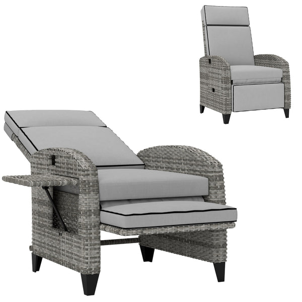 Outsunny Outdoor Recliner Chair with Cushions, PE Wicker Reclining Patio Lounge Chair with Adjustable Footrest, Armrests, Side Tray Table for Balcony, Porch, Gray