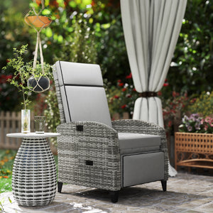 Outsunny Outdoor Recliner Chair with Cushions, PE Wicker Reclining Patio Lounge Chair with Adjustable Footrest, Armrests, Side Tray Table for Balcony, Porch, Gray