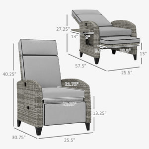 Outsunny Outdoor Recliner Chair with Cushions, PE Wicker Reclining Patio Lounge Chair with Adjustable Footrest, Armrests, Side Tray Table for Balcony, Porch, Gray