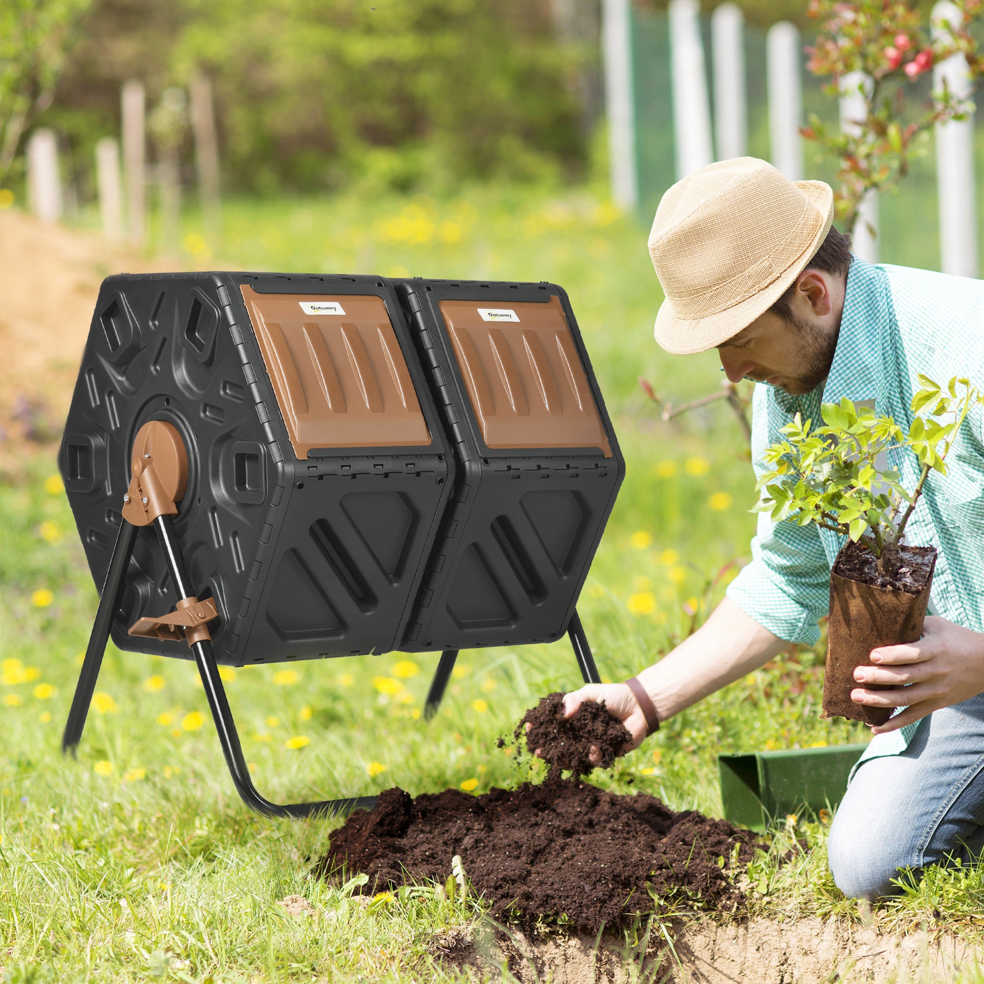 Outsunny Dual Chamber Garden Compost Bin, 130L Rotating Composter ...