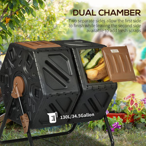 Outsunny Dual Chamber Compost Tumbler Bin, Outdoor Tumbling Composter with 24 Ventilation Openings and Steel Legs, 34.5 Gallon