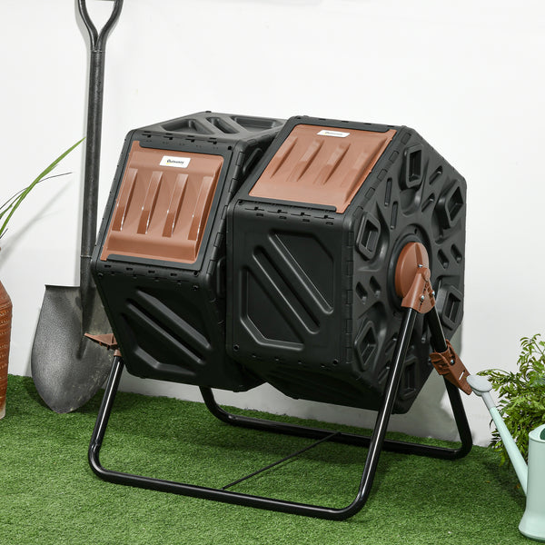 Outsunny Dual Chamber Compost Tumbler Bin, Outdoor Tumbling Composter with 24 Ventilation Openings and Steel Legs, 34.5 Gallon