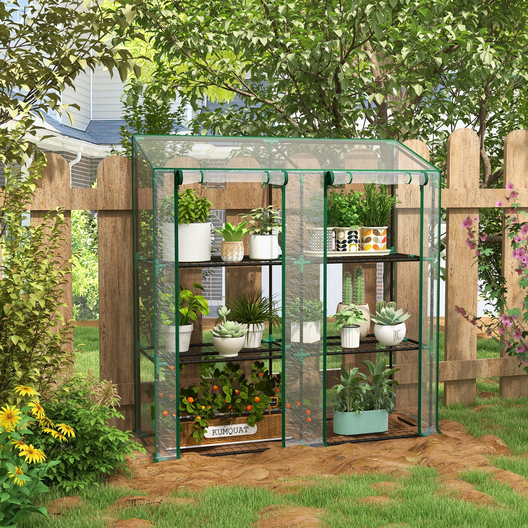 lean to plant house Outsunny Lean-to Greenhouse with 3 Shelves & 2 Roll-up Doors,56.3" x 18.1" x 59.4", Clear