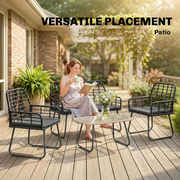 4 Piece Rattan Garden Furniture Set, Outdoor Patio Furniture with Loveseat, Armchairs and Coffee Table, Indoor Balcony Conservatory Set with Cushions for Garden, Poolside, Black