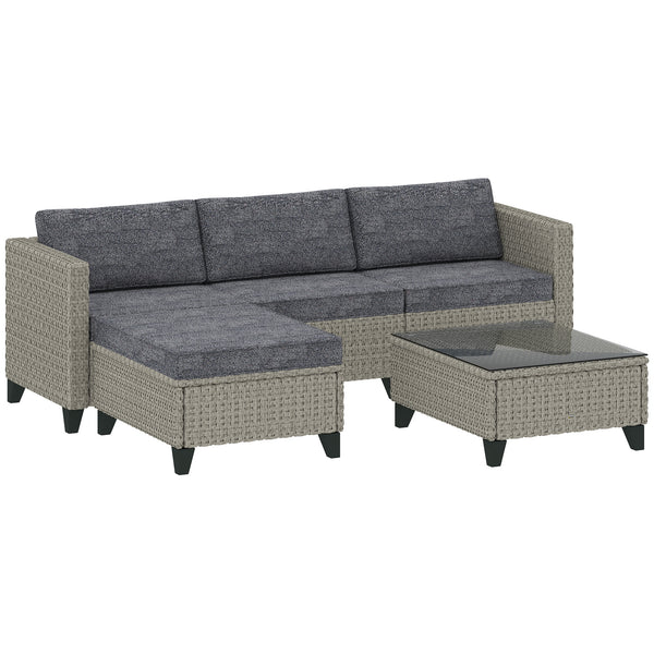 5 Pieces PE Rattan Garden Furniture Set, 4 Seater Garden Corner Sofa Set with Glass Coffee Table, Wicker Outdoor Furniture Set with Cushions for Patio Deck, Dark Grey