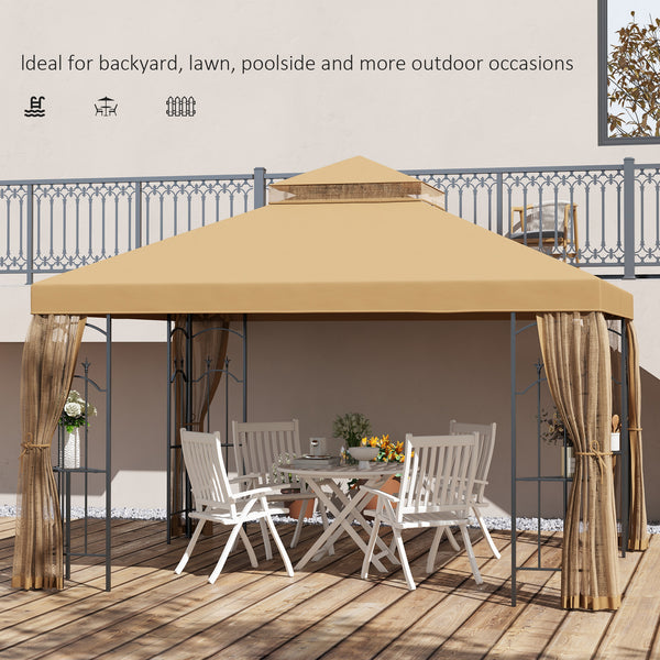 10' x 12' Patio Gazebo with Corner Frame Shelves, Double Roof Outdoor Gazebo Canopy Shelter with Netting for Patio, Wedding, Catering & Events, Brown