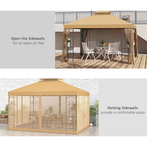 10' x 12' Patio Gazebo with Corner Frame Shelves, Double Roof Outdoor Gazebo Canopy Shelter with Netting for Patio, Wedding, Catering & Events, Brown