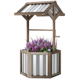 Outsunny Wooden Wishing Well Planter, Raised Garden Bed with Galvanized Canopy, Hexagon Outdoor Planter Box for Flowers, Herbs and Vegetables, Light Gray