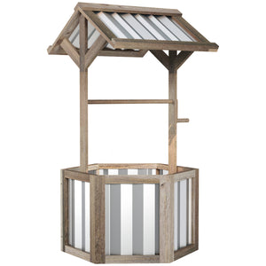 Outsunny Wooden Wishing Well Planter, Raised Garden Bed with Galvanized Canopy, Hexagon Outdoor Planter Box for Flowers, Herbs and Vegetables, Light Gray