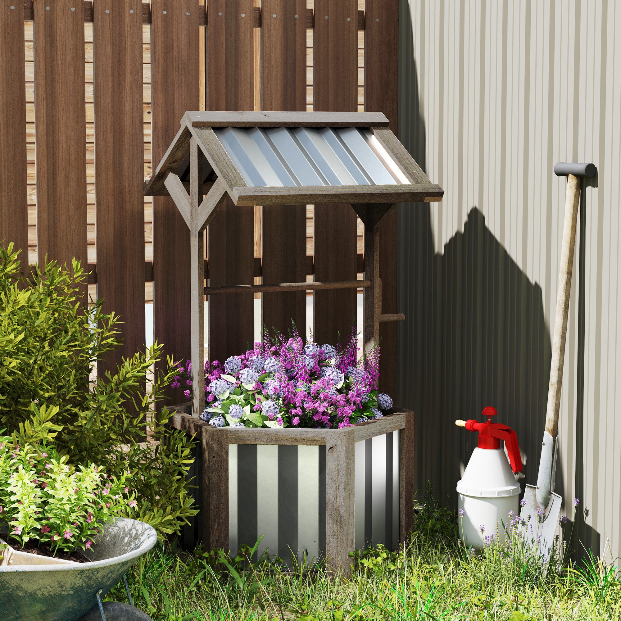 Outsunny Wooden Wishing Well Planter Box with Galvanized Canopy
