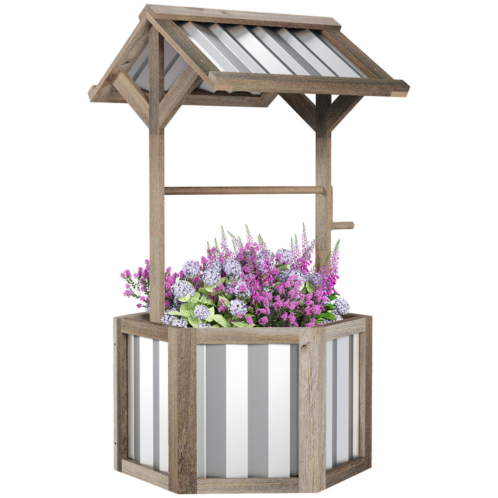 Outsunny Wooden Wishing Well Planter, Raised Garden Bed with Galvanized Canopy, Hexagon Outdoor Planter Box for Flowers, Herbs and Vegetables, Light Gray