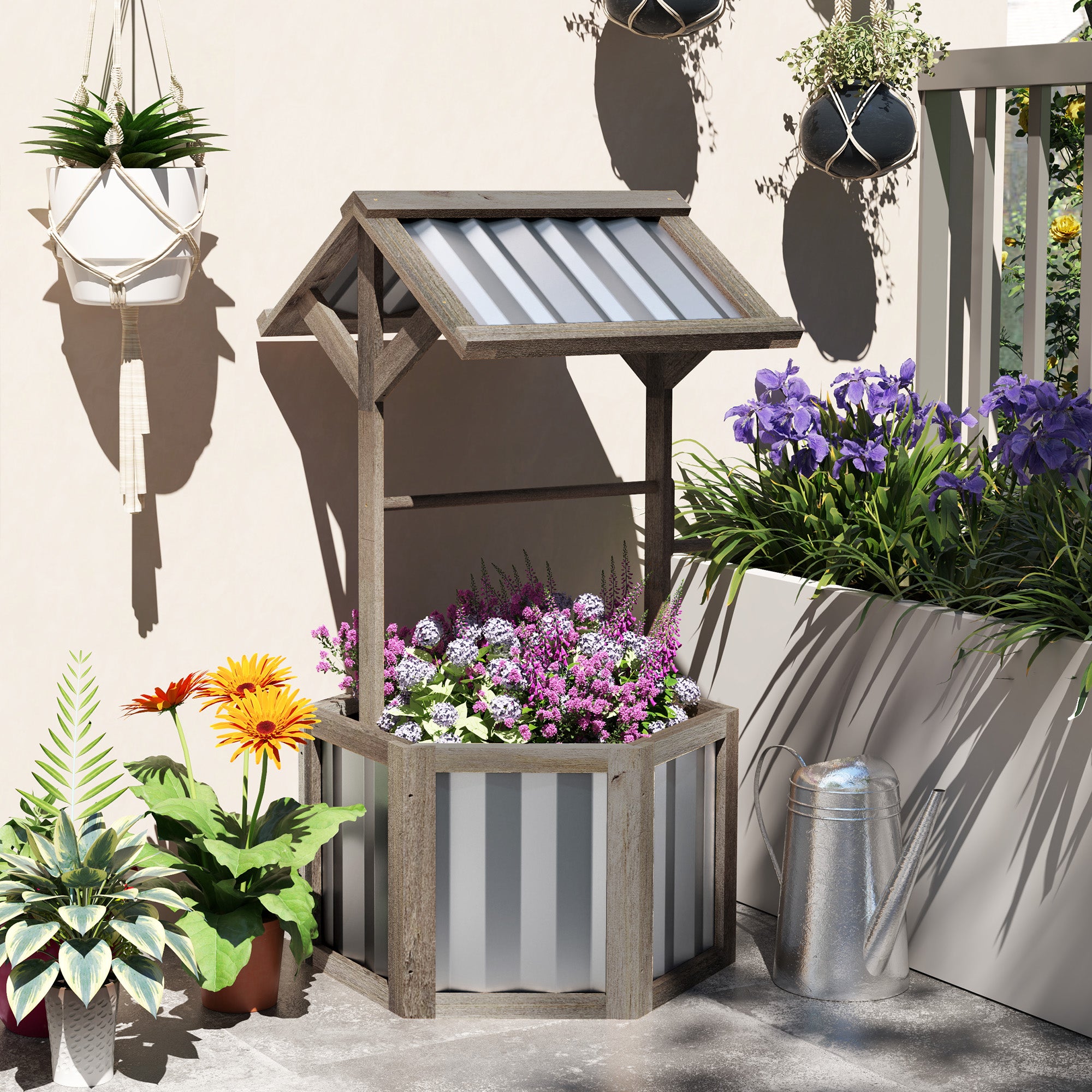 Outsunny Wooden Wishing Well Planter Box with Galvanized Canopy