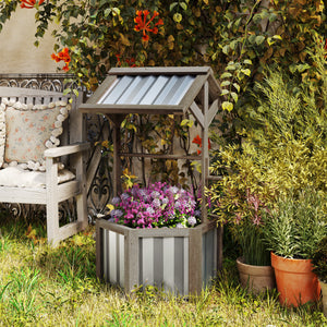 Outsunny Wooden Wishing Well Planter, Raised Garden Bed with Galvanized Canopy, Hexagon Outdoor Planter Box for Flowers, Herbs and Vegetables, Light Gray