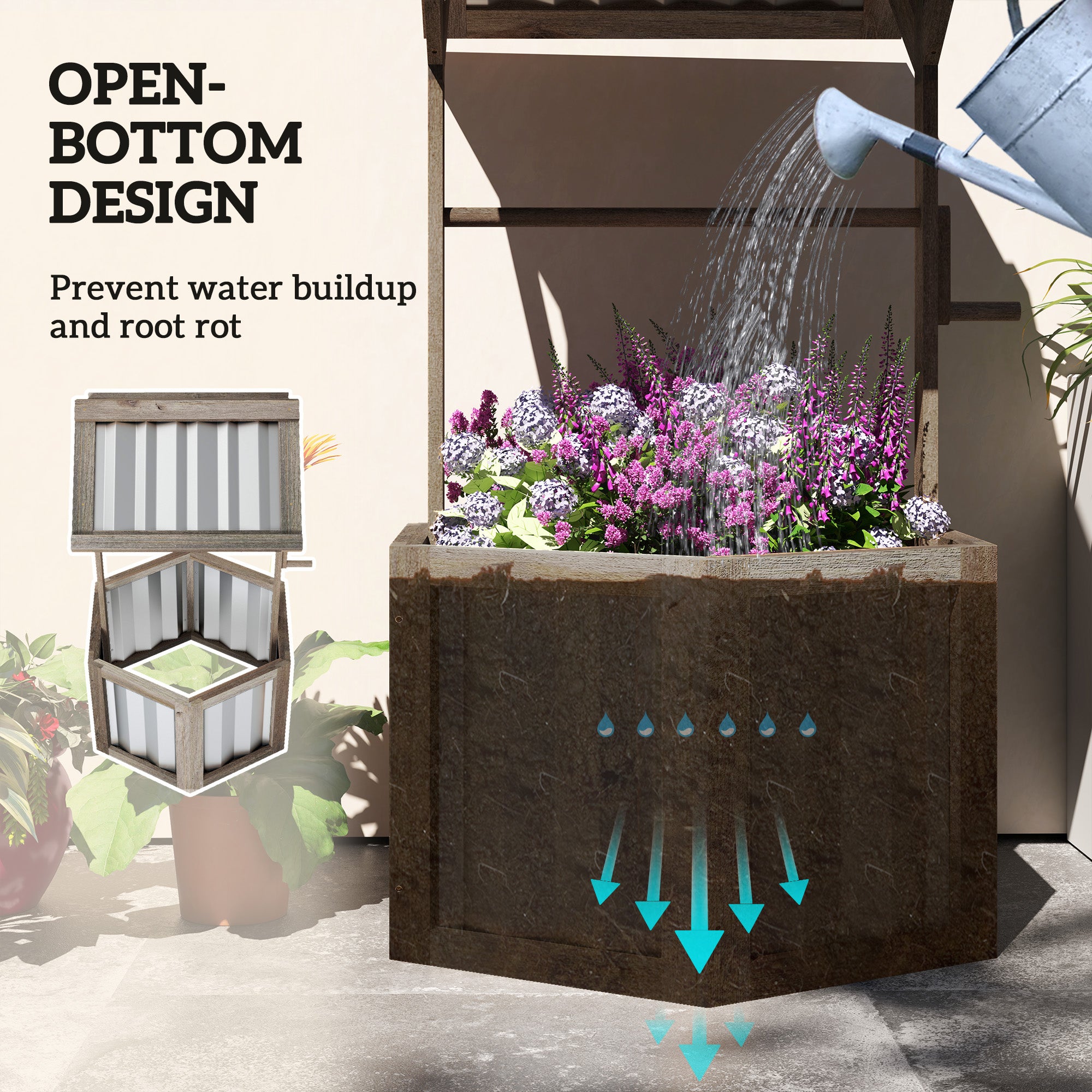 canopy self watering planter Outsunny Wooden Wishing Well Planter Box with Galvanized Canopy