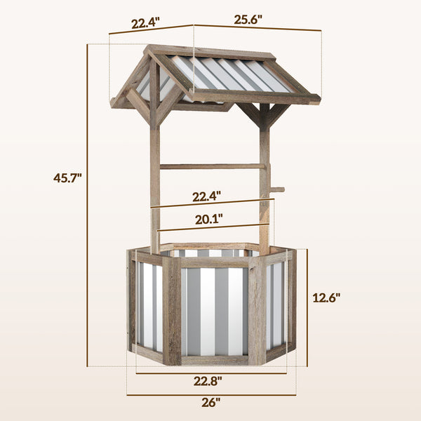 Outsunny Wooden Wishing Well Planter, Raised Garden Bed with Galvanized Canopy, Hexagon Outdoor Planter Box for Flowers, Herbs and Vegetables, Light Gray