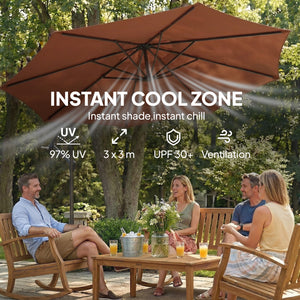 3(m) Garden Banana Parasol Hanging Cantilever Umbrella with Crank Handle, 8 Ribs and Cross Base for Outdoor, Sun Shade, Coffee